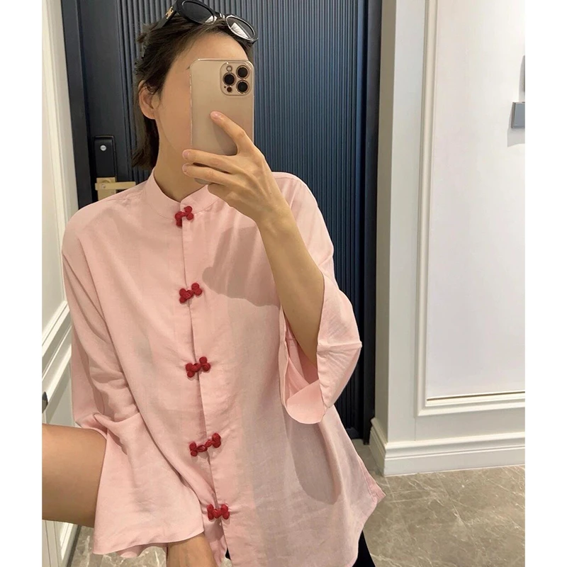 梅丁同款粉色亚麻衬衫女2025秋季高端优雅复古通勤长袖新中式上衣