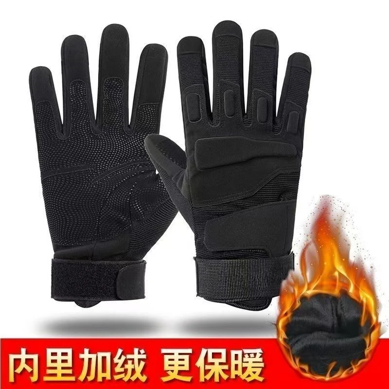 战术手套男黑鹰全指加绒冬季防割耐磨护具露指防护训练骑行摩托车