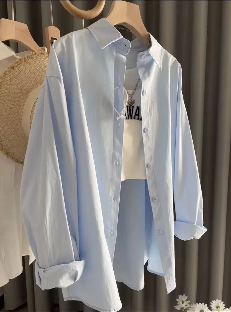 百搭衬衣长袖外套休闲薄款宽松型防晒衬衫POLO领白衬衫