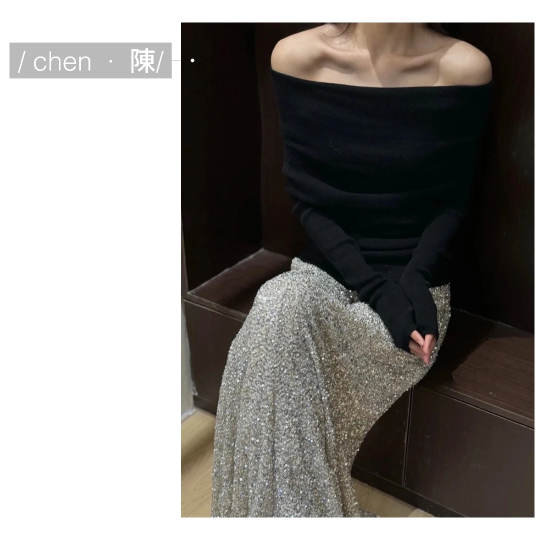 chen·陳法式一字肩修身显瘦上衣（微透）