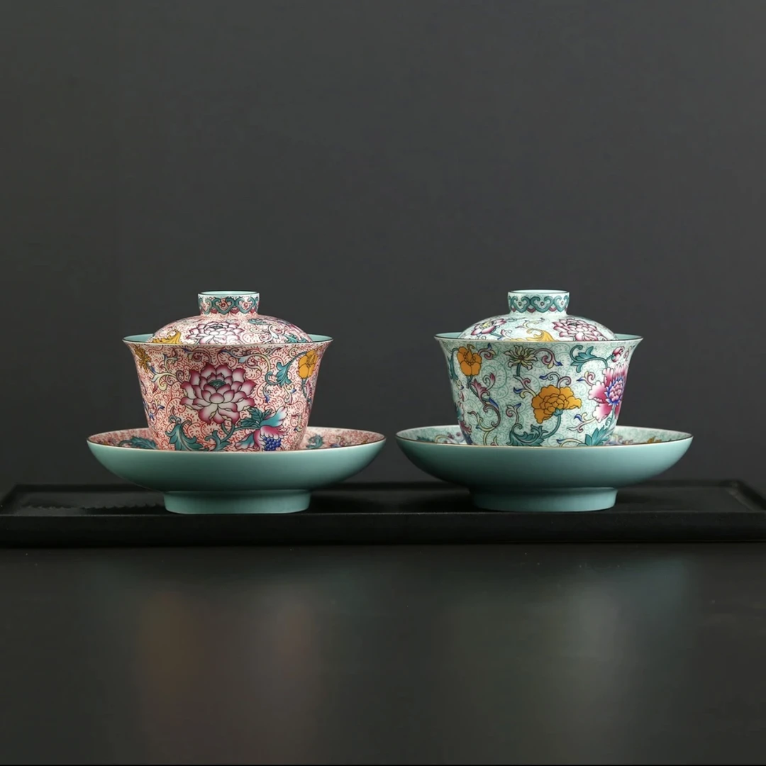 成艺珐琅莲韵介杯三才盖碗家用茶碗小号高档中式工夫茶具宫廷风