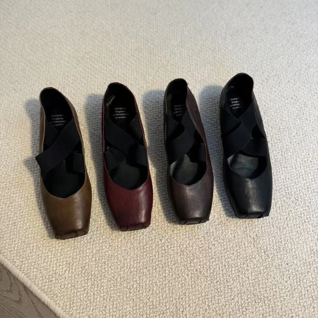 六也「时光芭蕾」法式复古做旧真皮交叉绑带百搭气质玛丽珍女L839