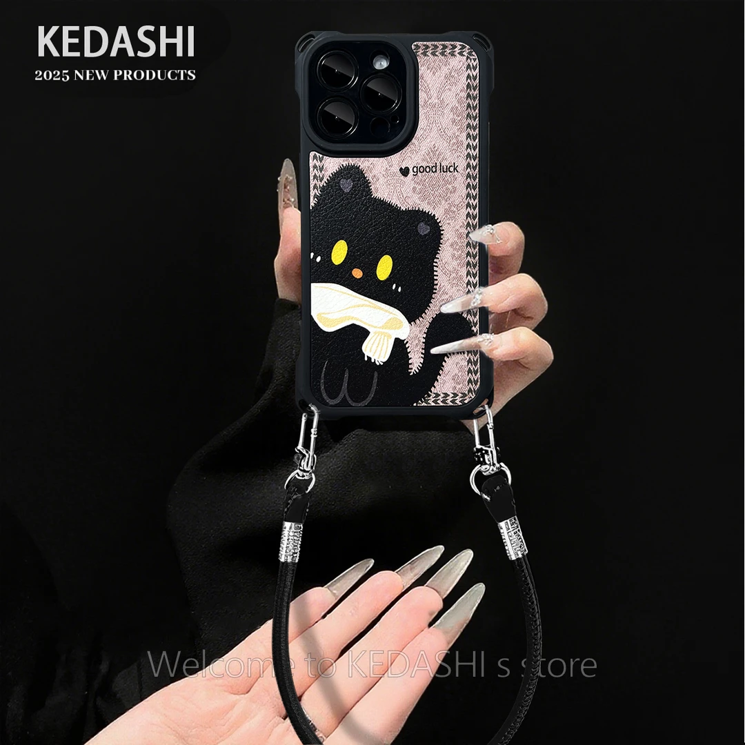 老花拼接黑猫四角挂绳羊皮手绳壳适用苹果17PRO华为VIVO/OPPO手机