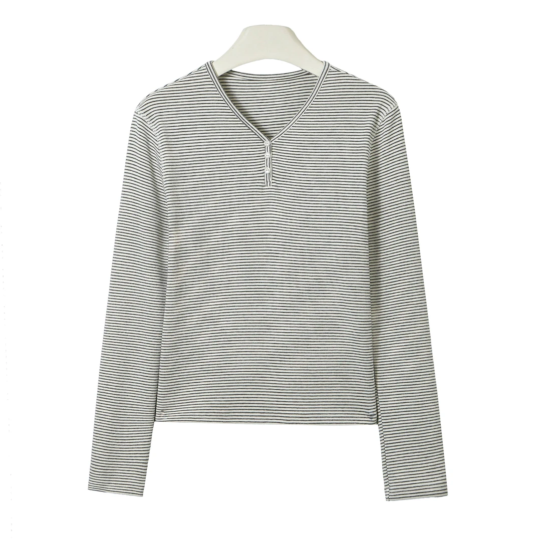 女士V领休闲百搭时尚条纹T恤