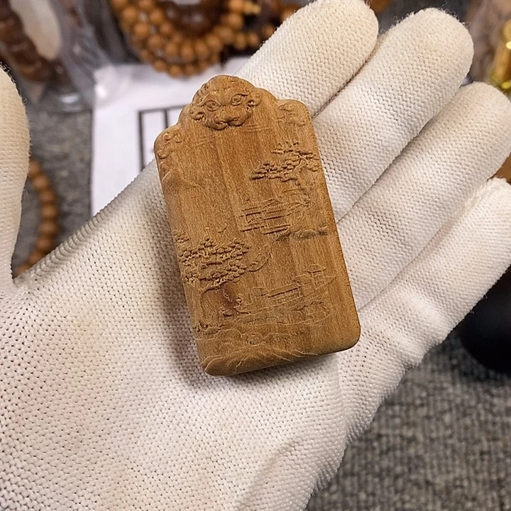 檀香木手串/手链老山檀香雕刻山水牌吊坠