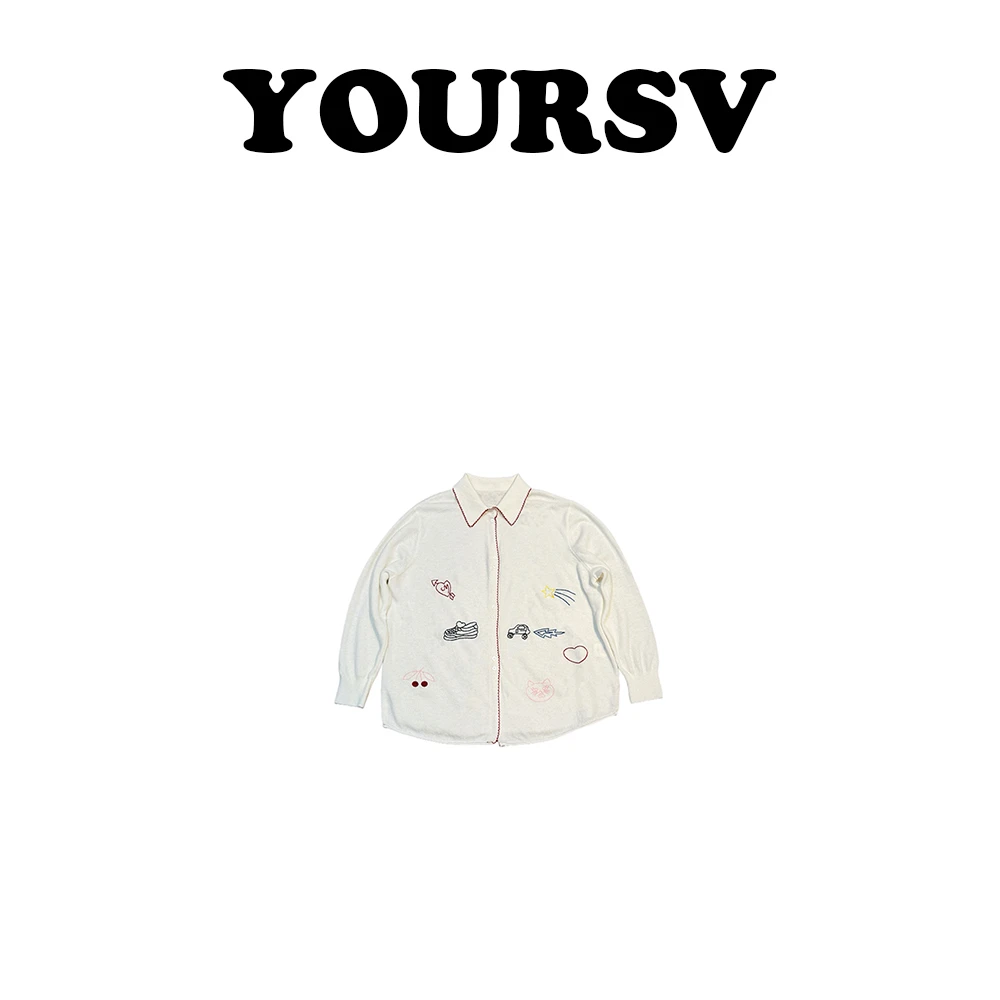 【YOURSV】「刺绣开衫」秋冬时尚气质风羊毛衫女刺绣印花翻领轻奢上衣