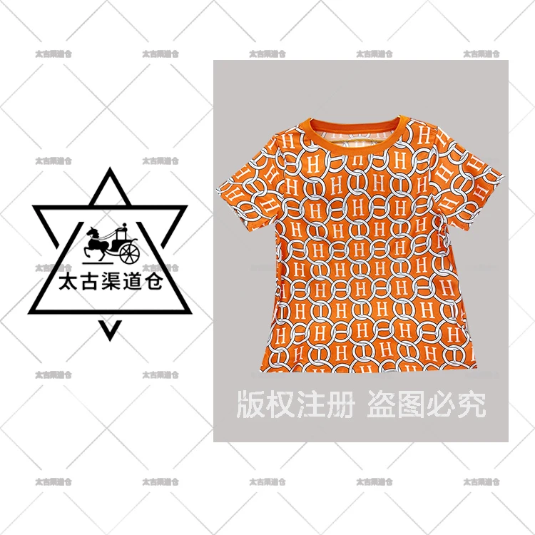 【太古一号仓】‘H环链‘烫钻桑蚕丝上衣 欧美气质高端欧货印花T恤女