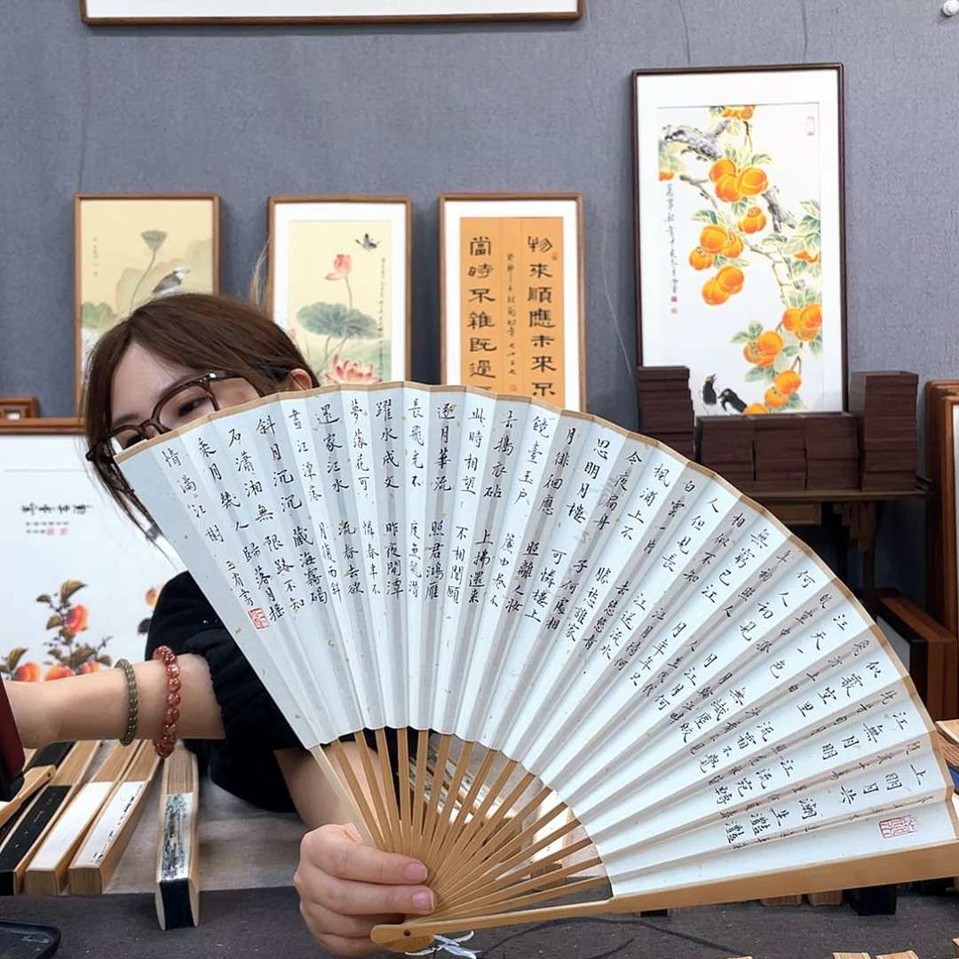 国画95寸玉竹-纯手绘-文玩扇骨（默认粘好）春江花月夜