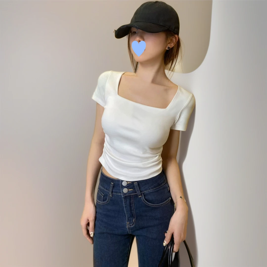 2025 新款白色方领短袖T恤女夏季设计感小众修身侧边褶皱显瘦上衣