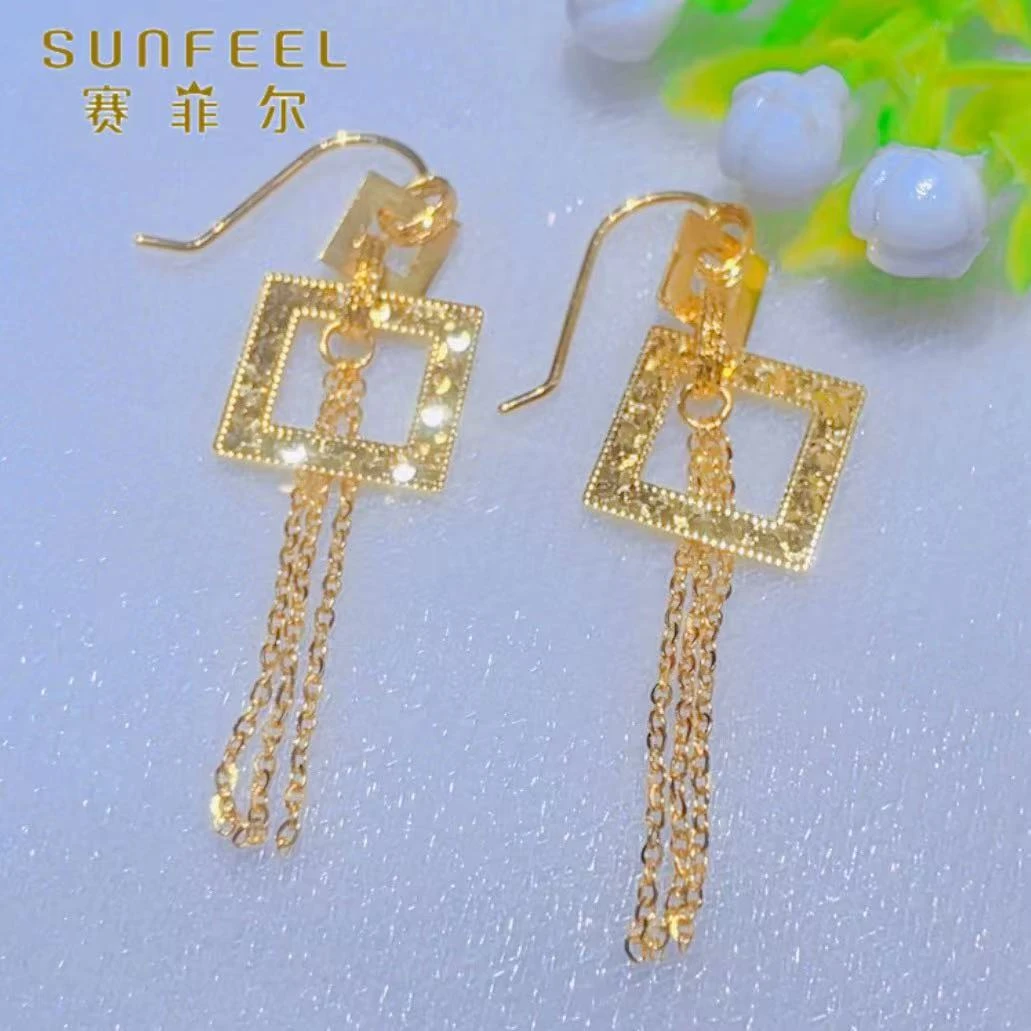 SUNFEEL/赛菲尔黄金足金镂空菱形流苏耳钩黄金耳饰时尚几何5G精工