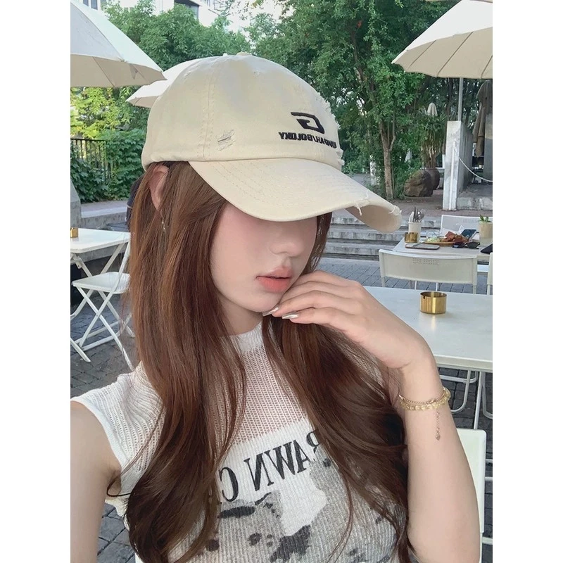 韩版复古破洞做旧字母棒球帽子女遮阳大头围显脸小大帽檐鸭舌帽
