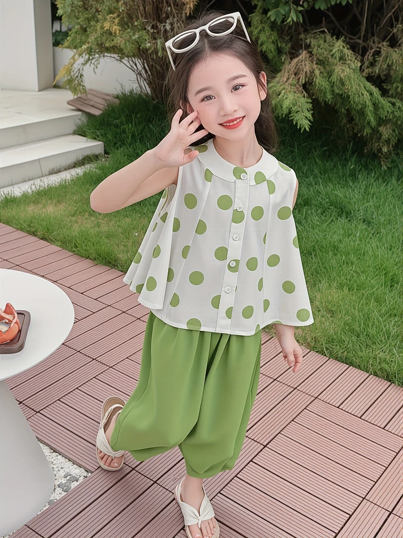 2025年女童新款绿色圆点图案女童长裤套装CJH0188