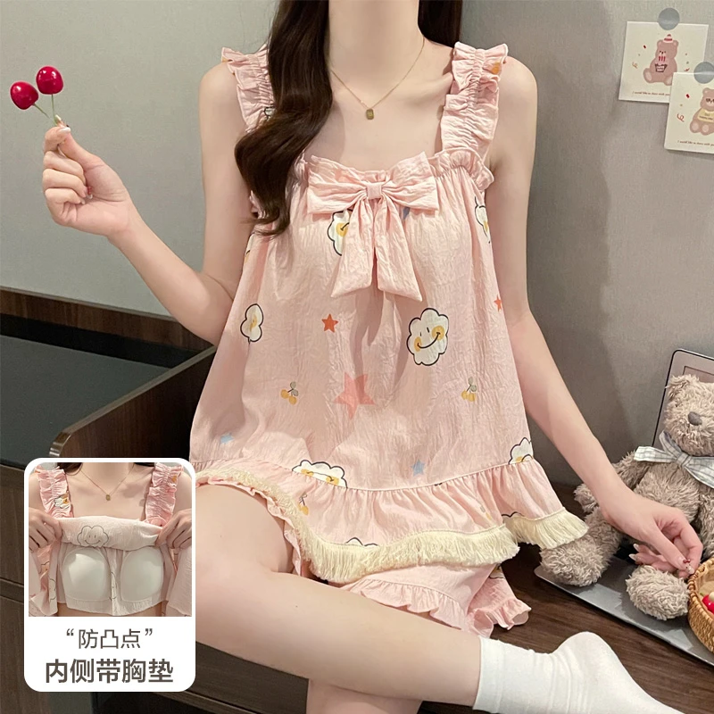 韩版吊带睡衣女夏季云朵棉无袖短裤薄款甜美可爱家居服套装可外穿