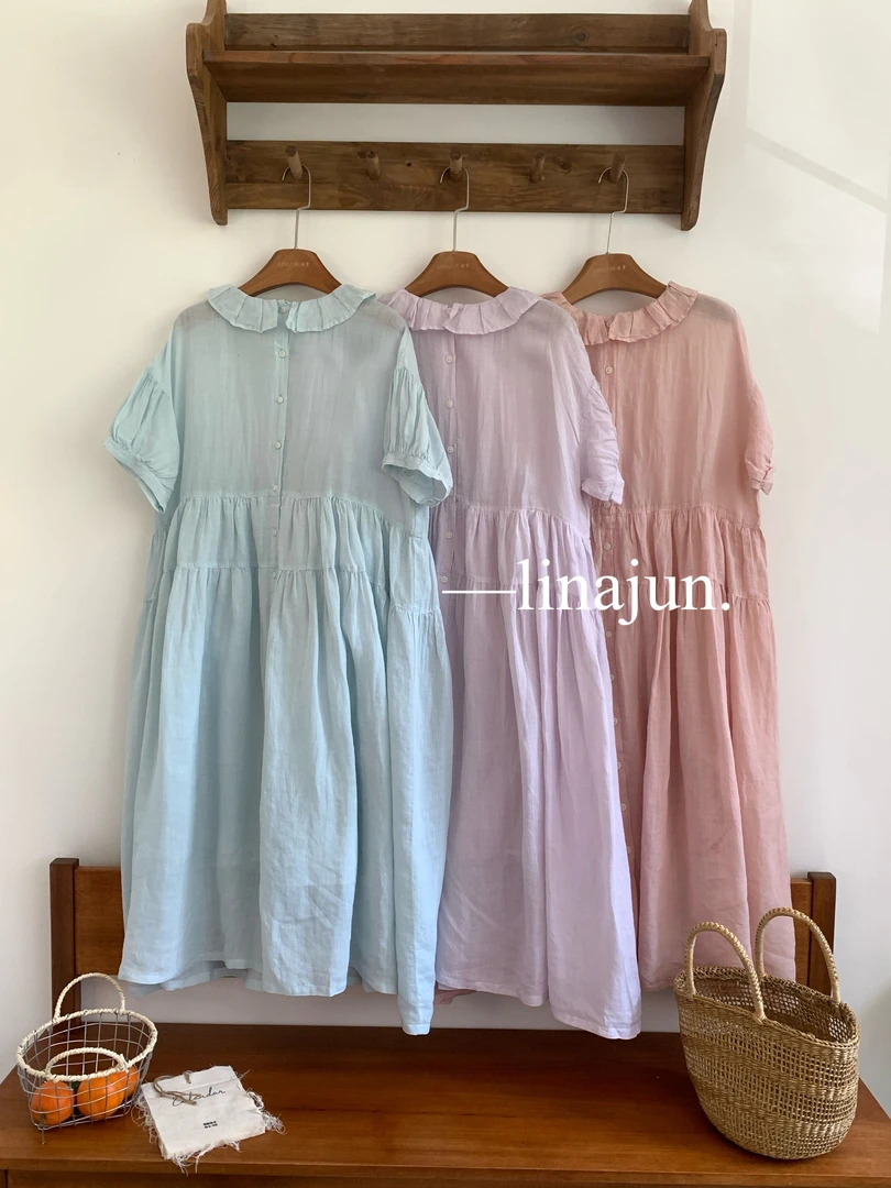 4.20秋棠春夏新款日系复古花瓣领宽松休闲高腰苎麻连衣裙