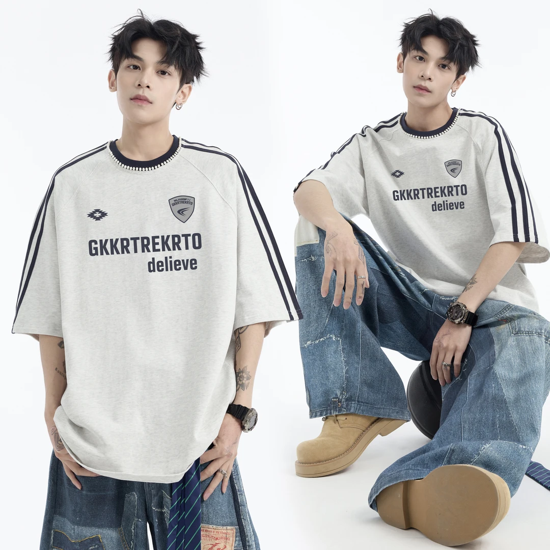 领口串珠短袖男重磅潮牌高级感夏季五分袖T恤潮流潮牌青少年上衣