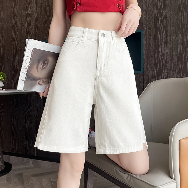 刺绣牛仔短裤女牛仔裤宽松显瘦阔腿裤夏季高腰白色热裤大码裤蓝色