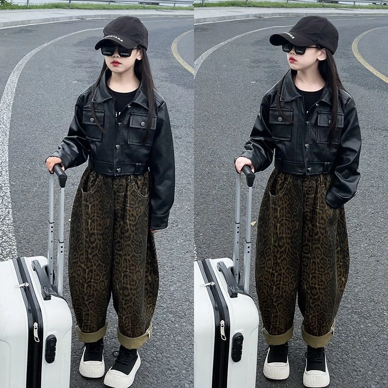 女童春秋2025中大童春装牛仔豹纹裤新款时髦夹克外套洋气儿童套装