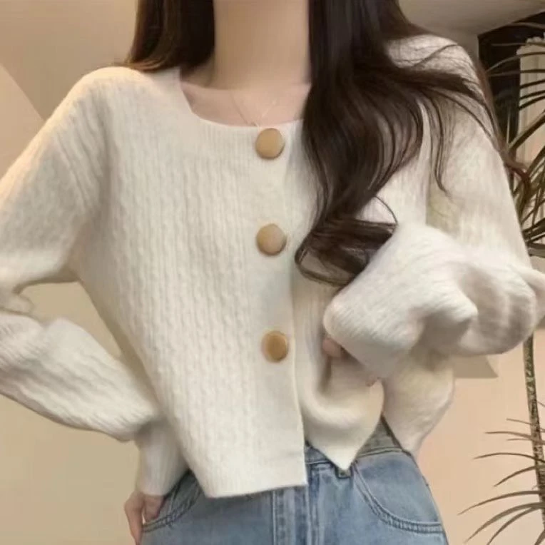 亮丝方领别致宽松短款毛衣开衫外套春秋百搭新款小个子针织上衣