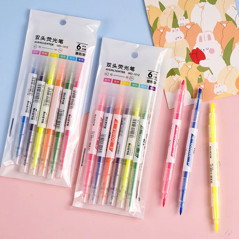 双头荧光笔学生用彩色笔重点划线标记笔斜头荧光笔6支彩色笔