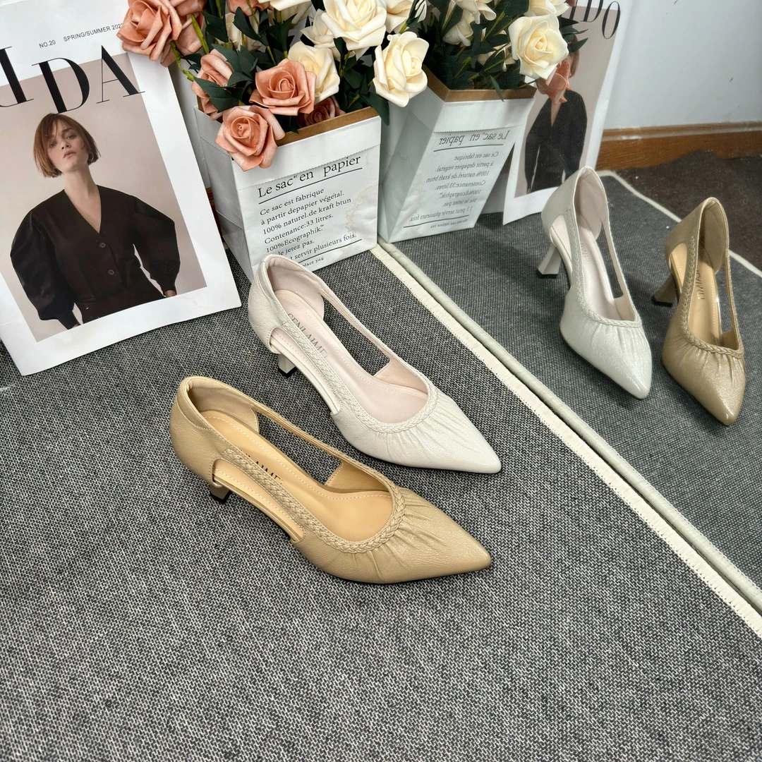 【极简风】MQE/羊皮/6CM/33-40/9383法式亮皮尖头镂空高跟百搭女鞋