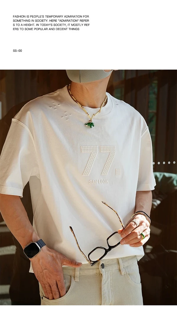 数字薄款夏季短袖破洞宽松型T恤圆领白色上衣春夏潮流情侣半袖