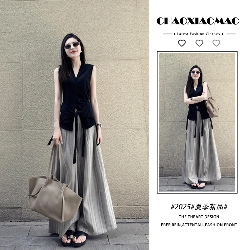 2025年夏季新款韩穿搭简约设计感时尚宽松无袖上衣阔腿裤两件套潮