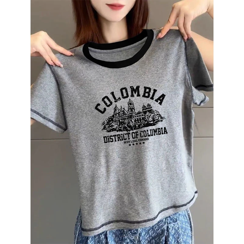 设计感小众明线正肩圆领短袖t恤女装夏季2025新款洋气灰色上衣潮