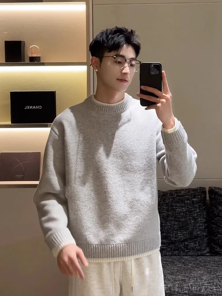美利奴绵羊毛混纺假两件圆领毛衣男士羊毛衫秋冬新款内搭针织衫男