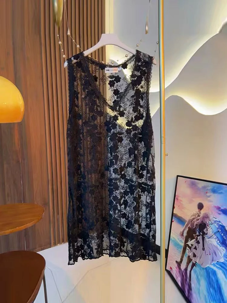 25春夏新款蕾丝连衣裙重工花朵蕾丝V领背心搭配神器百搭