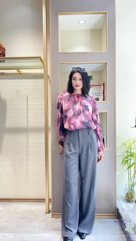 印花衬衫女高级感轻奢领长袖时尚显瘦洋气雪纺上衣