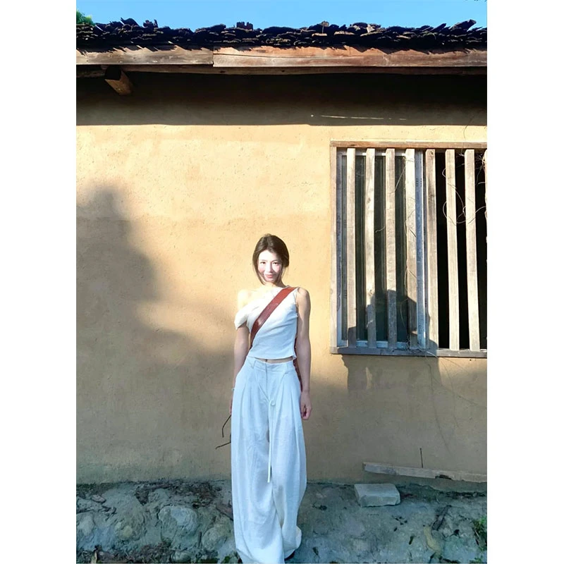 夏季新款修身显瘦气质时尚设计感韩系斜肩上衣休闲简约宽松长裤女