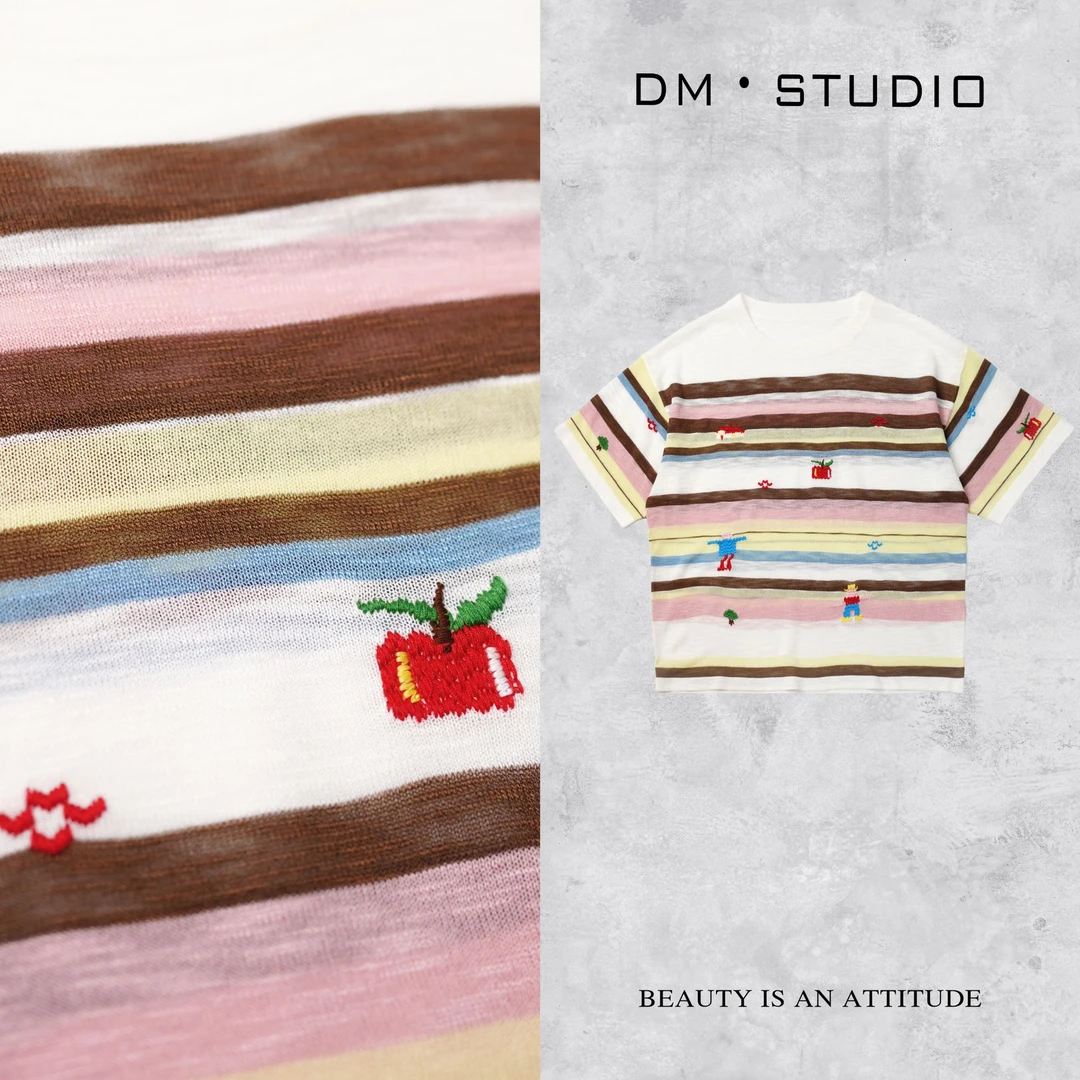 DEDM•STUDIO/精致减龄气质条纹撞色圆领短袖上衣T恤2505TX/090507