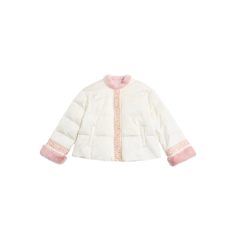 JZ2158 水貂袖新中式鹅绒服女装外套 2025年冬季保暖提花羽绒服