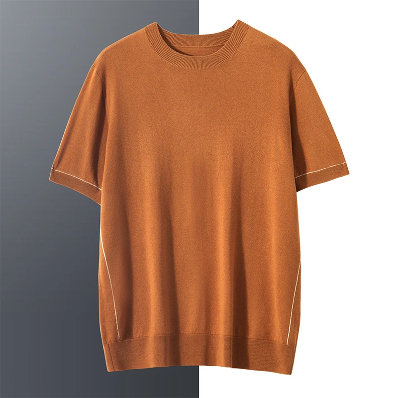 520送男友精纺可机洗70%桑蚕丝毛绒T恤夏季男士针织薄款圆领短袖