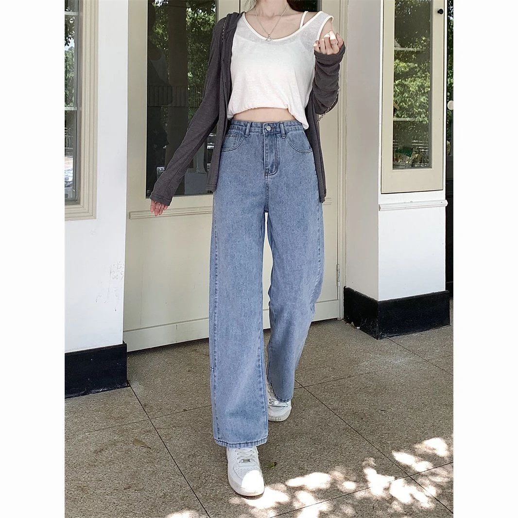 043浅蓝色高腰阔腿牛仔裤女秋季百搭宽松显瘦垂感直筒裤