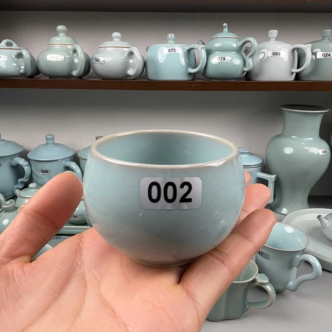 陶摆件汝瓷龙蛋杯圈足烧天青釉开播福利