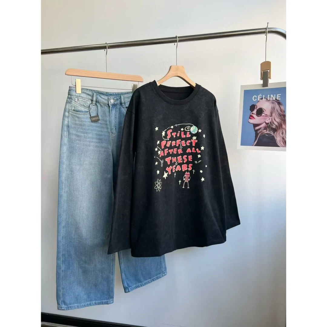 小静折扣~A993P  春款圆领宽松扎染效果长袖T恤（衣长72（90-150斤）