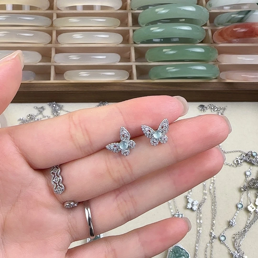 翡翠银S925镶嵌耳饰翡翠耳钉