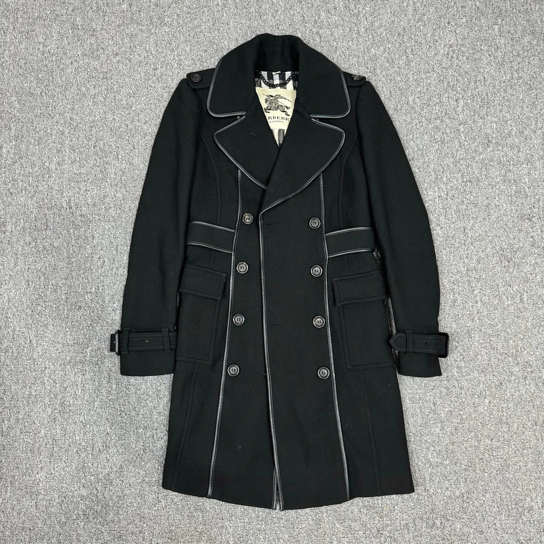 99新 BURBERRY/博柏利 黑色羊绒拼皮边大衣外套 38码99新10278542