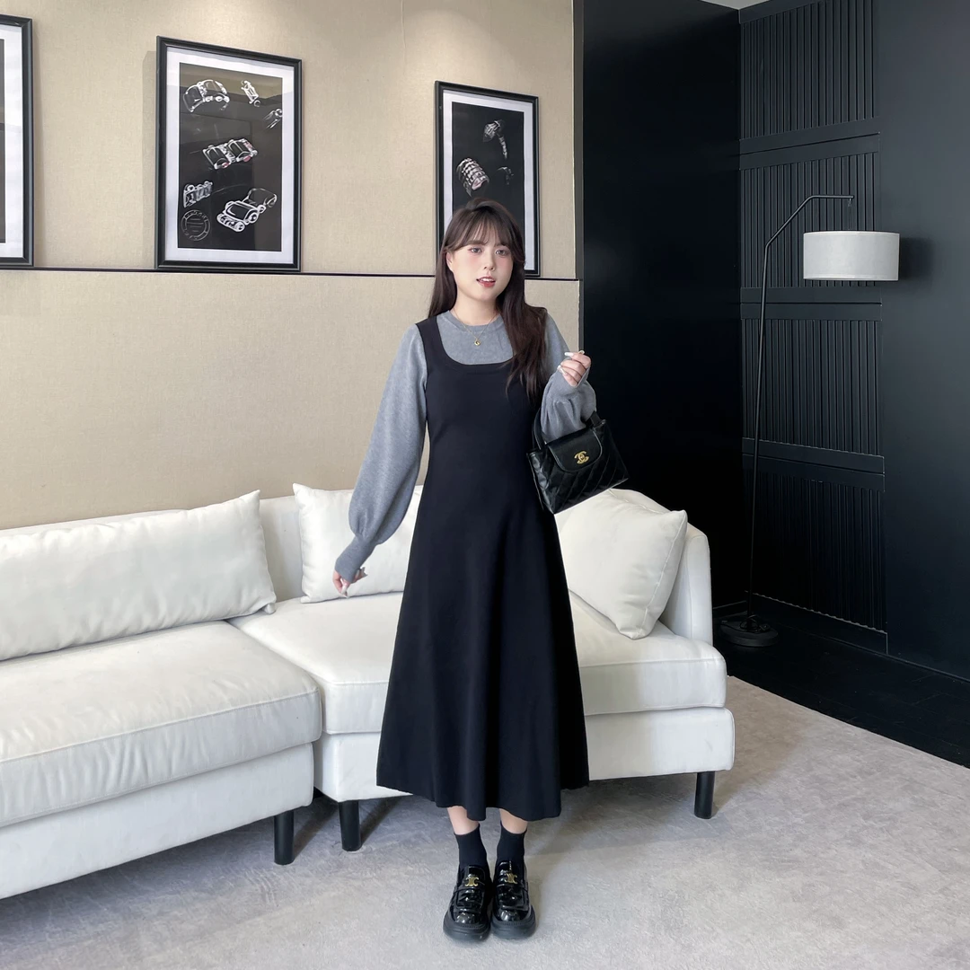 现货-慕翎【配大衣裙子】厚款-针织弹力灰拼接针织假两件裙子