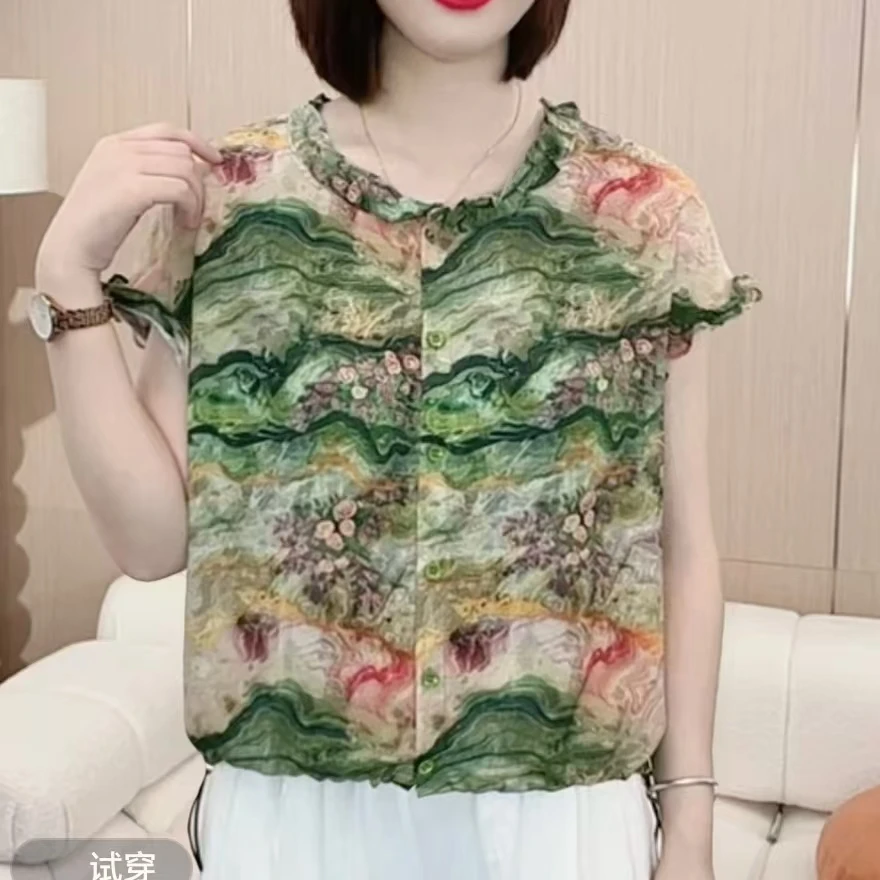 2025夏季新款时尚圆领木耳花边气质妈妈装休闲百搭薄款短袖