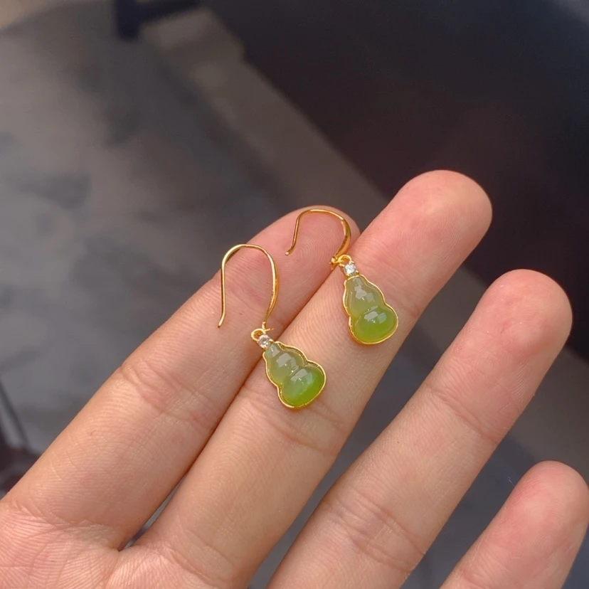 【闪购商品】和田玉耳饰银S925镀金镶嵌