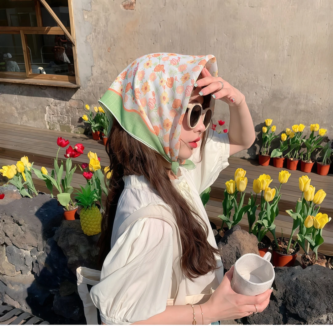 小丝巾日系春秋季百搭碎花方巾新棉小清女小小清装饰小围巾小领巾