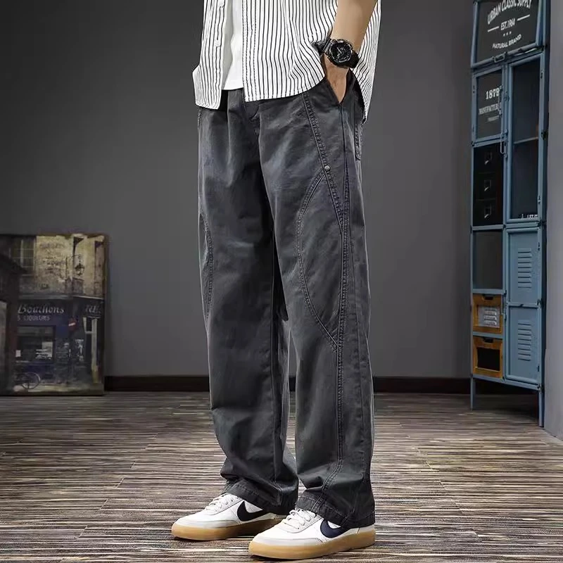 Cebrodz美式复古工装拼接男士休闲裤纯棉宽松直筒裤潮牌户外长裤