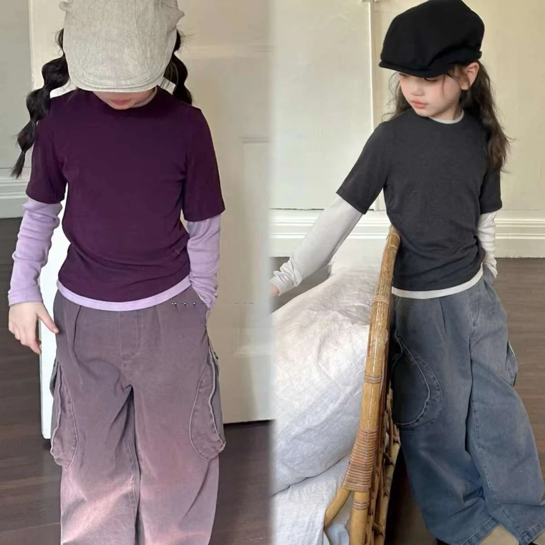 女童2025春秋外穿假两件长袖T恤打底衫新款早春女孩修身气质上衣