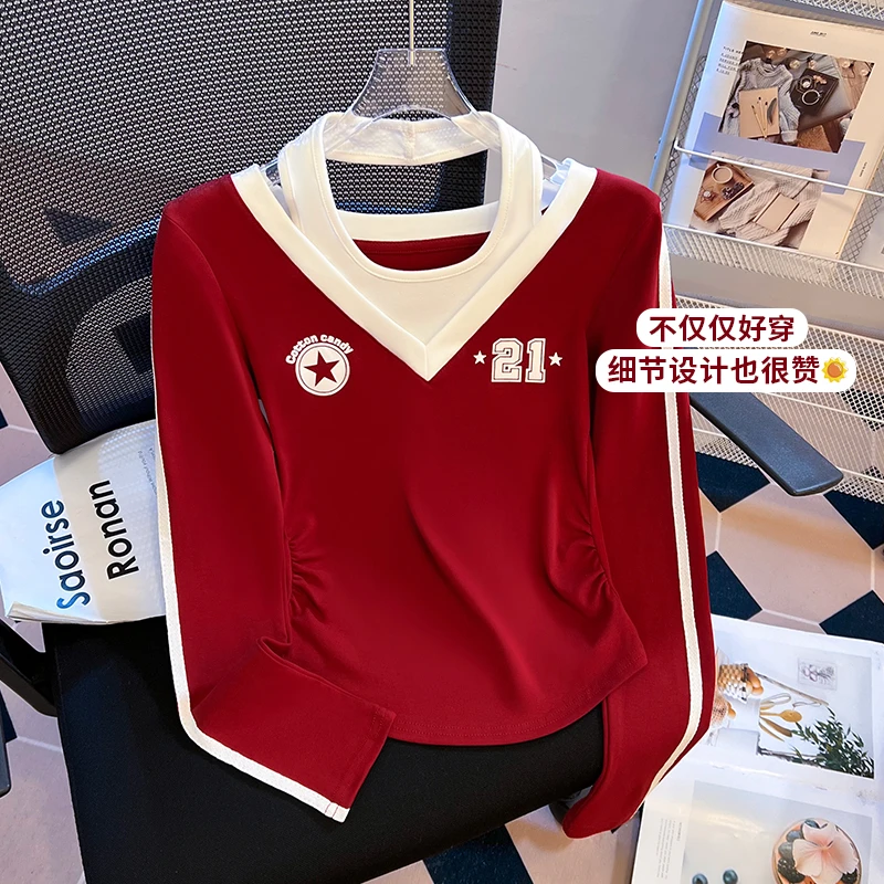 时尚挂脖拼接字母印花长袖百搭T恤女2025秋季新款撞色假两件上衣