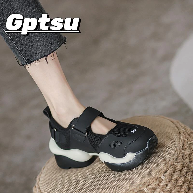 GPTSu夏季新款韩版百搭厚底网面薄款透气老爹鞋包头魔术贴凉鞋女