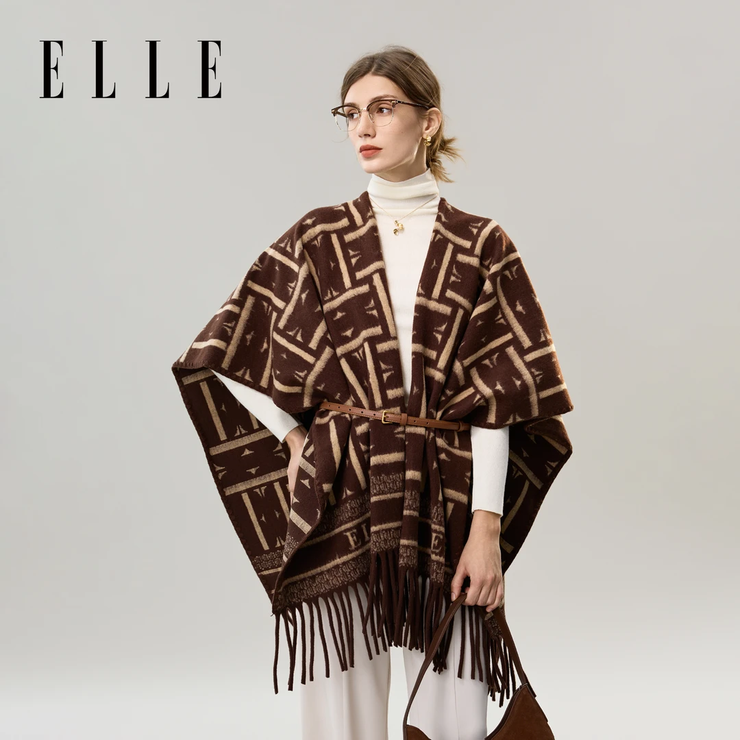 ELLE披肩女秋冬季保暖护肩时尚加厚外搭斗篷围巾午睡毯36WE26013
