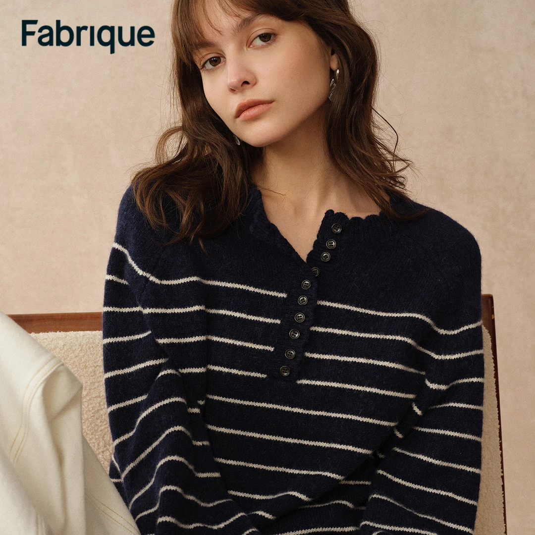Fabrique Rhea 秋冬海军蓝航海风条纹绵羊毛羊驼毛亨利领针织毛衣