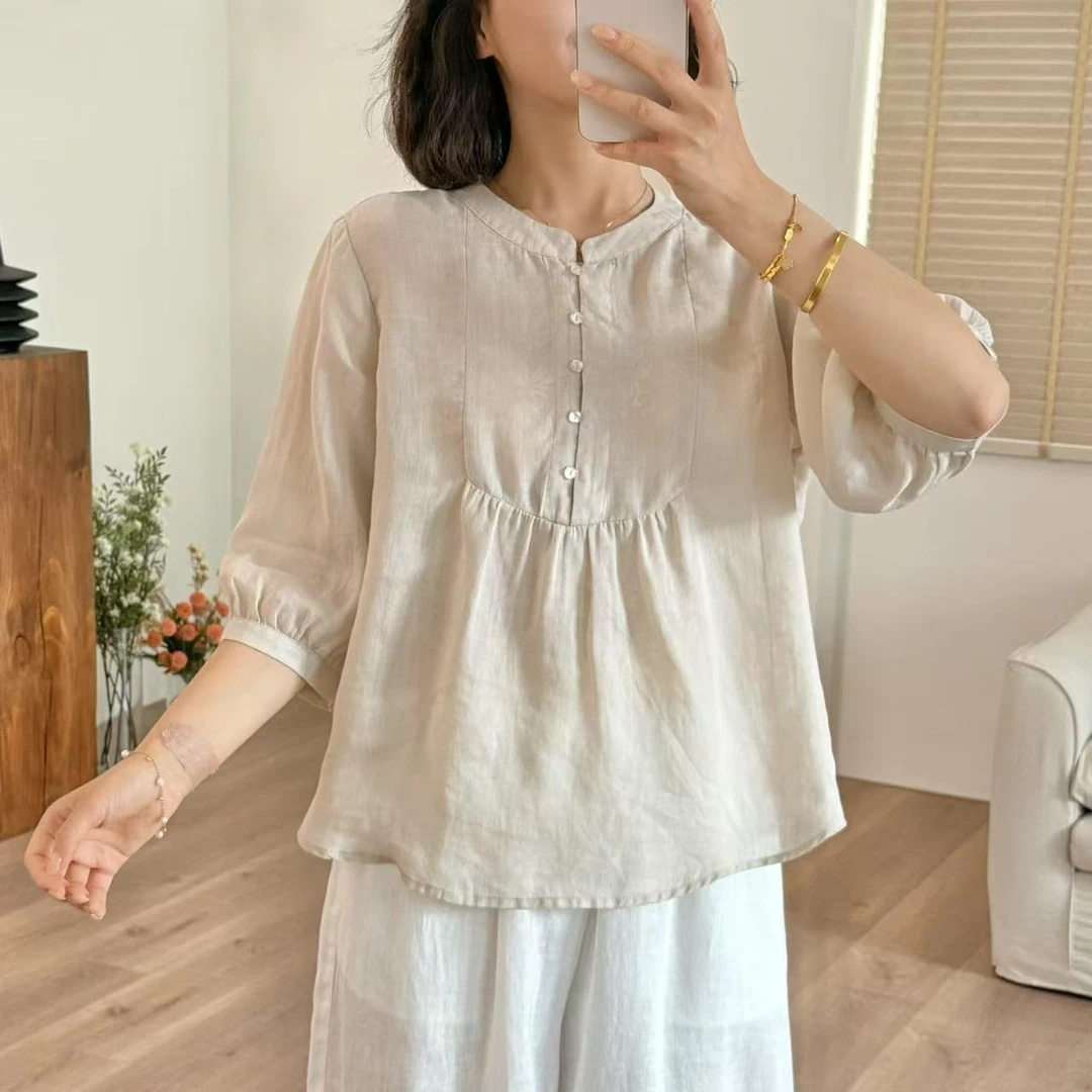 常樂家2025夏季新款圆领半开扣斜纹纯苎麻减龄小衫929